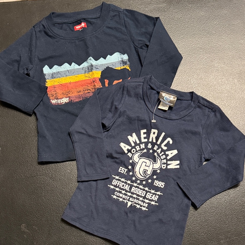 Wrangler and Cowboy Hardware Navy Blue Long Sleeve Kids Tee with Rodeo Graphic